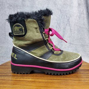 Sorel Tivoli II Winter Boots Women's 7 Green Black Suede Faux Fur Snow Lace Up